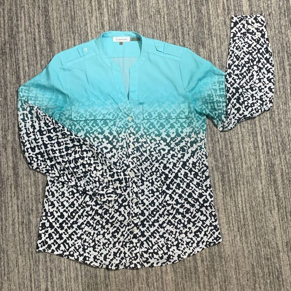 Calvin Klein Womens Size Small Button Front Top Blue Black Ombre Long Sleeve